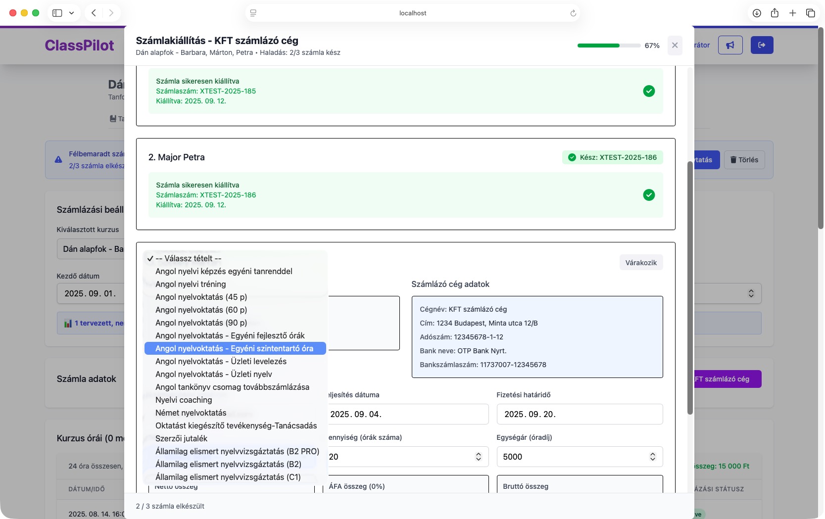 ClassPilot – Számlázás