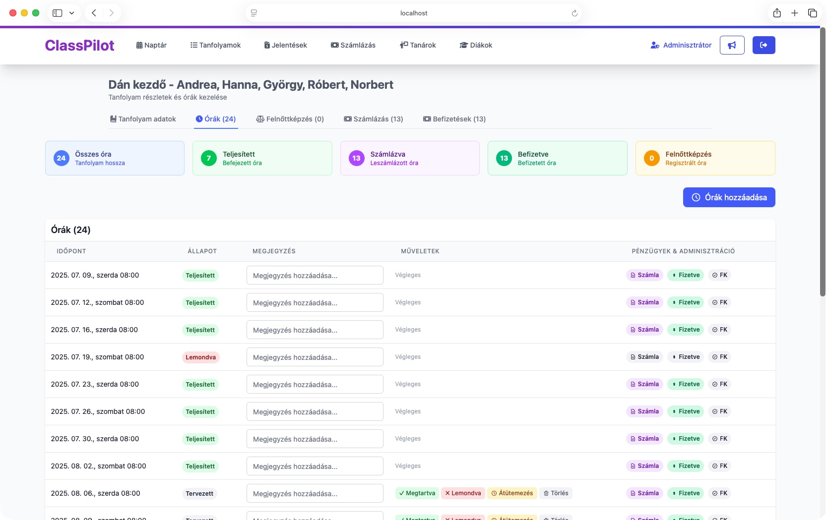 ClassPilot – Tanfolyam órák