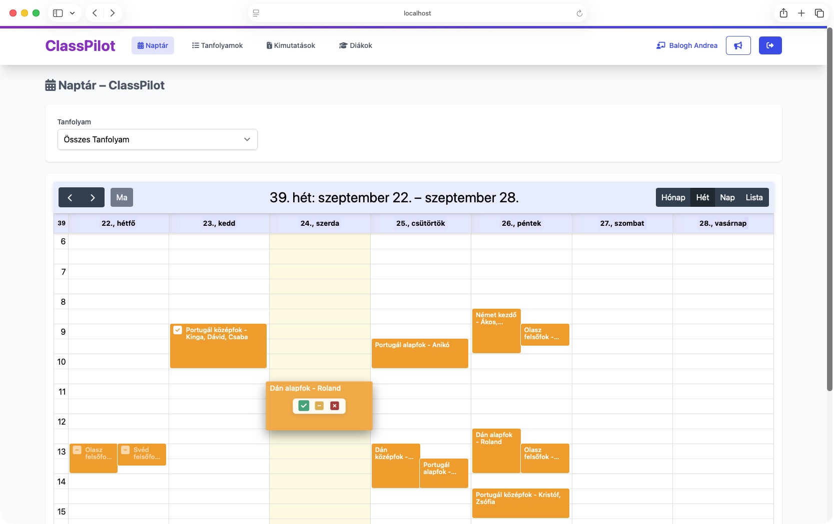 ClassPilot – Naptár > napi, heti, havi és lista nézet