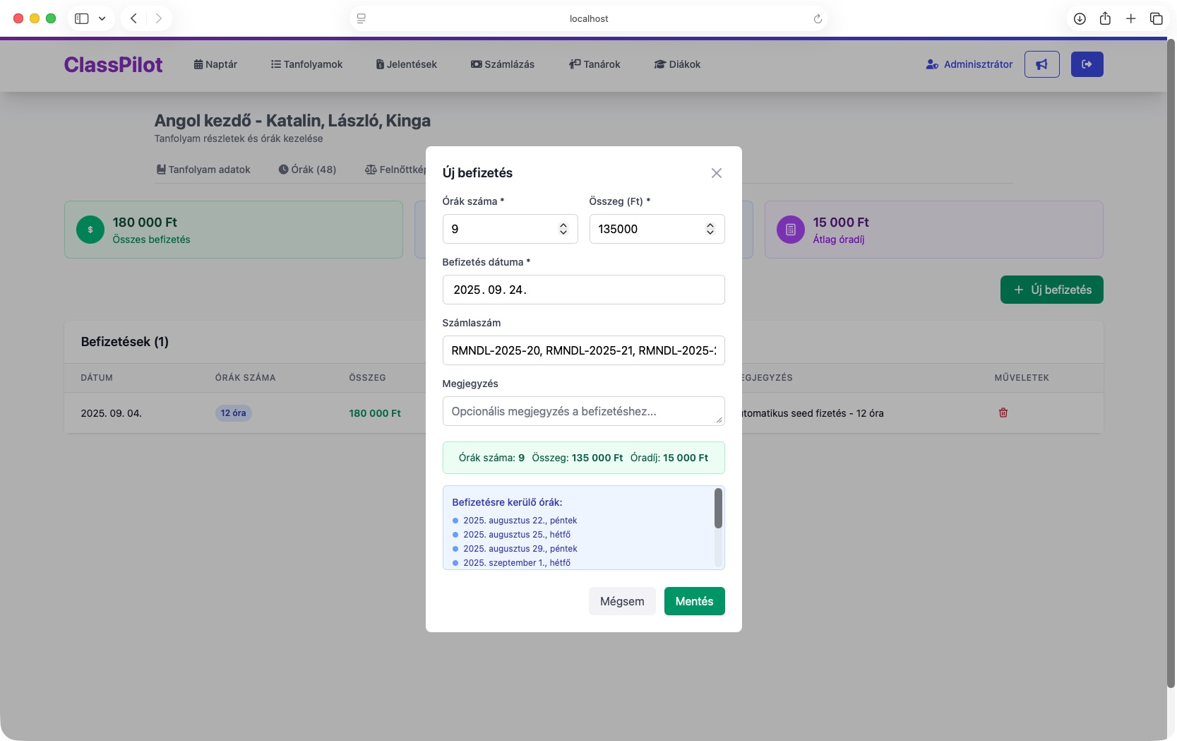 ClassPilot – Tanfolyam befizetések kezelése a számlázás alapján